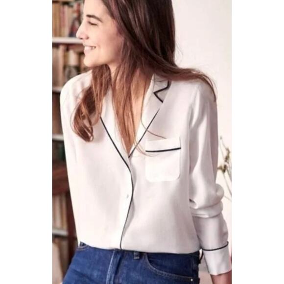 Sezane Tops - NEW! Sezane 4 Elisa Ivory Silk Blouse $190 Black Piping Pajama Top French 36